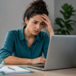 Woman experiencing email anxiety while looking at a laptop in a modern office.