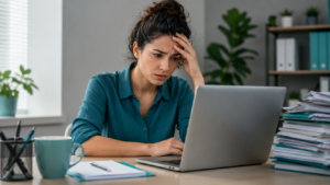 Woman experiencing email anxiety while looking at a laptop in a modern office.
