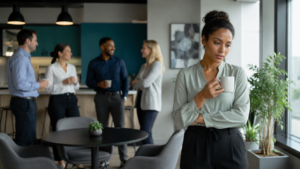 Professional experiencing anxiety during workplace small talk.