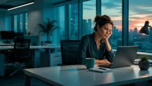 Professional experiencing the first signs of burnout while working late in a quiet office.