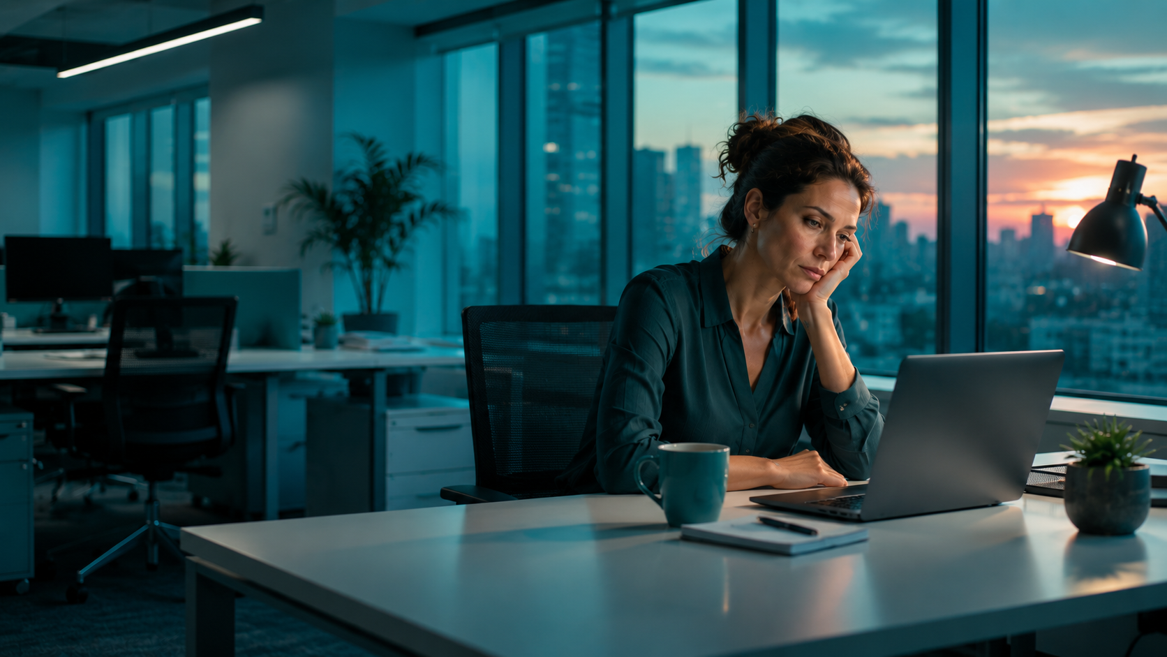 Professional experiencing the first signs of burnout while working late in a quiet office.