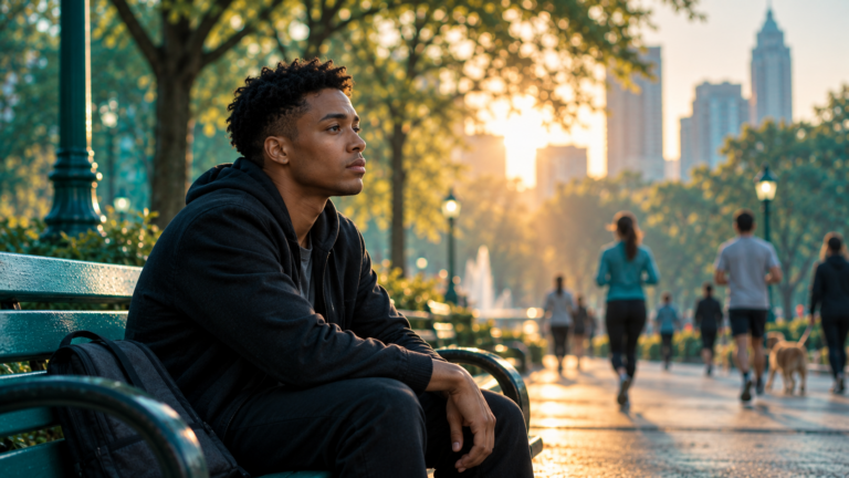 Young adult experiencing emotional numbness while sitting alone on a park bench.