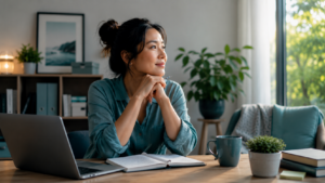 a woman sitting by the desk.