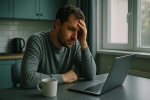 Person experiencing burnout and identity disconnection sitting quietly at a kitchen table