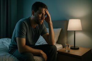 Concerned person awake at night experiencing anxiety and sleep difficulties