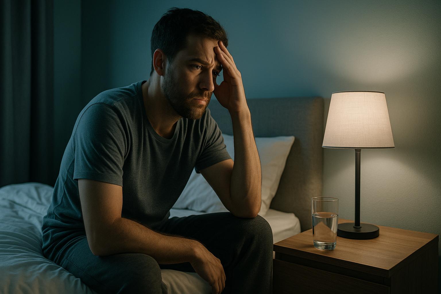 Concerned person awake at night experiencing anxiety and sleep difficulties