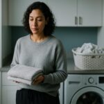 A reflective woman folding laundry, showing how depression and simple tasks can feel exhausting.
