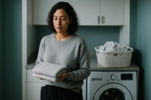 A reflective woman folding laundry, showing how depression and simple tasks can feel exhausting.