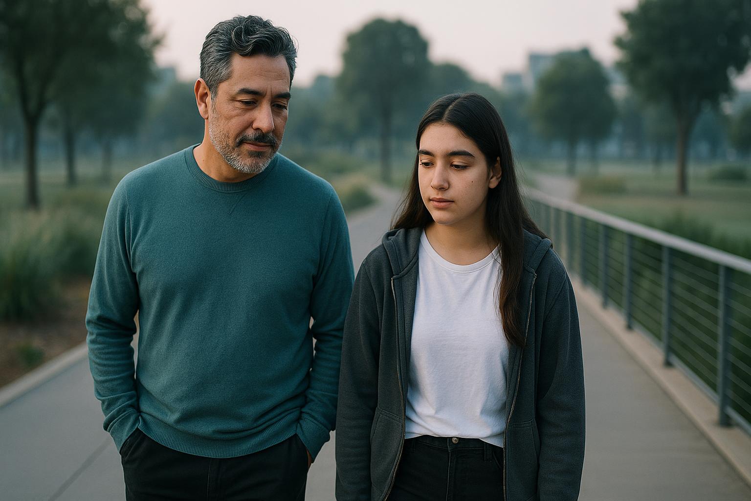 Father and teenager walking calmly outdoors, reflecting hope during emotional numbness in burnout.