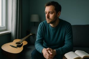 Person experiencing loss of interest depression sitting near hobbies they once loved
