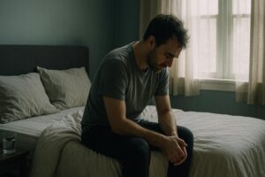 Person struggling with getting out of bed with depression in soft morning light