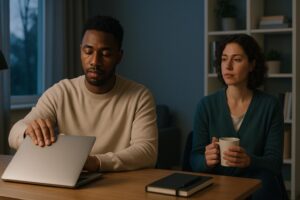 Diverse adults managing work anxiety while closing a laptop after hours