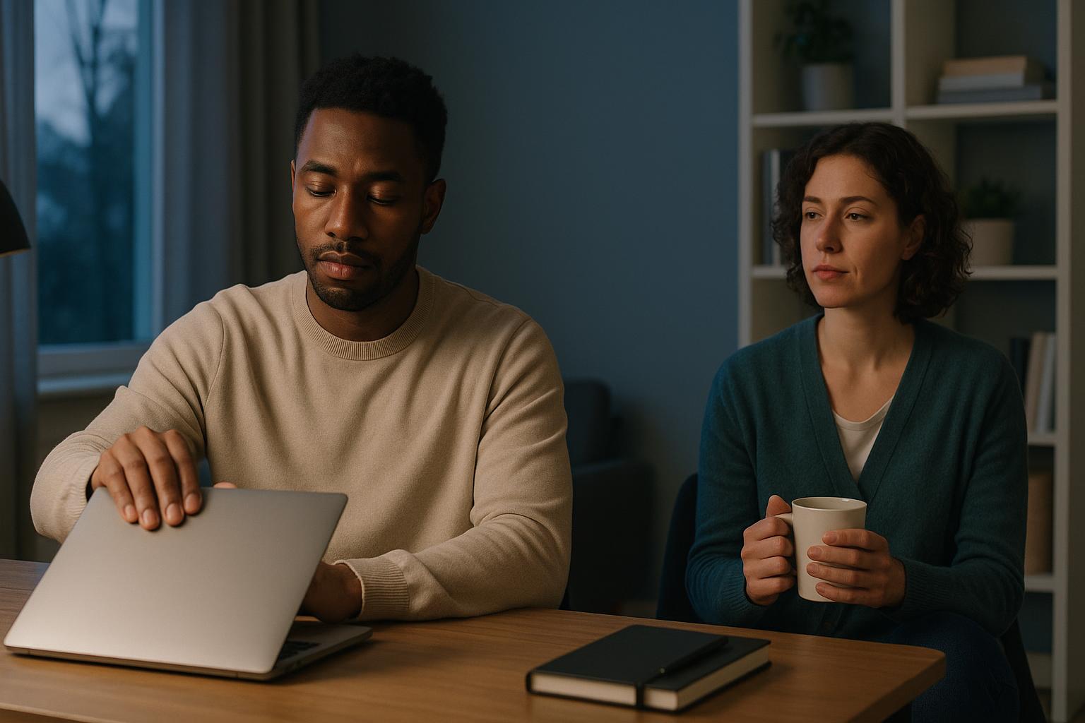 Diverse adults managing work anxiety while closing a laptop after hours