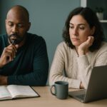 Thoughtful adults reflecting on why to-do lists feel endless in a calm workspace