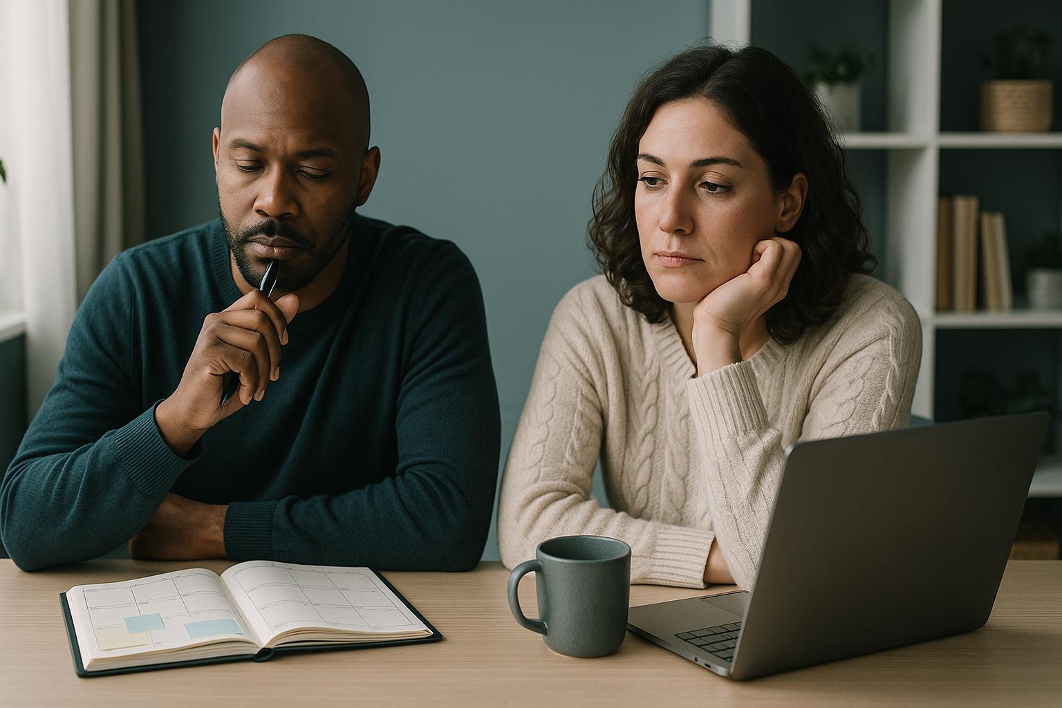 Thoughtful adults reflecting on why to-do lists feel endless in a calm workspace