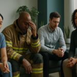 Diverse professionals reflecting quietly during burnout and overwhelm