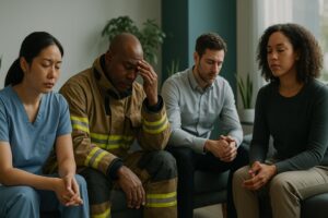 Diverse professionals reflecting quietly during burnout and overwhelm