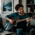 Man playing on his guitar, smiling