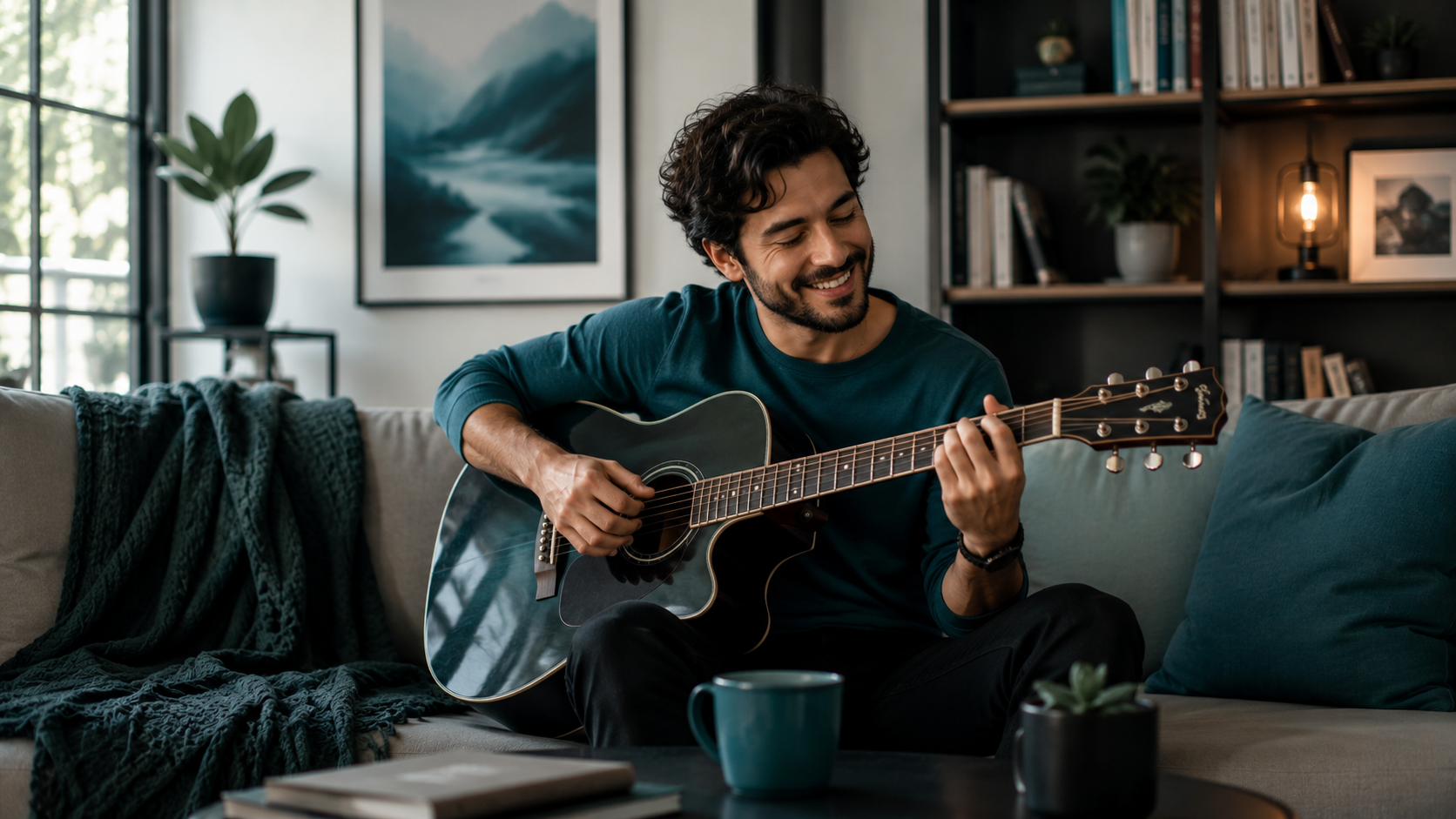 Man playing on his guitar, smiling