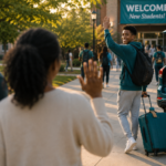 parents waving to the teenager who is going to college
