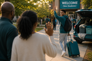 parents waving to the teenager who is going to college