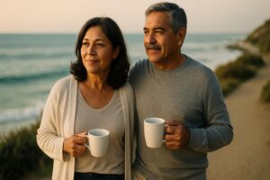 Middle-aged couple coping with empty nest syndrome during a hopeful coastal walk