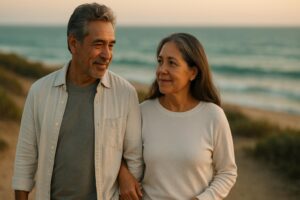 A hopeful couple navigating empty nest syndrome vs. depression during a calm coastal walk
