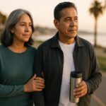 A hopeful middle-aged couple walking outdoors while coping with empty nest syndrome