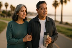 A hopeful middle-aged couple walking outdoors while coping with empty nest syndrome