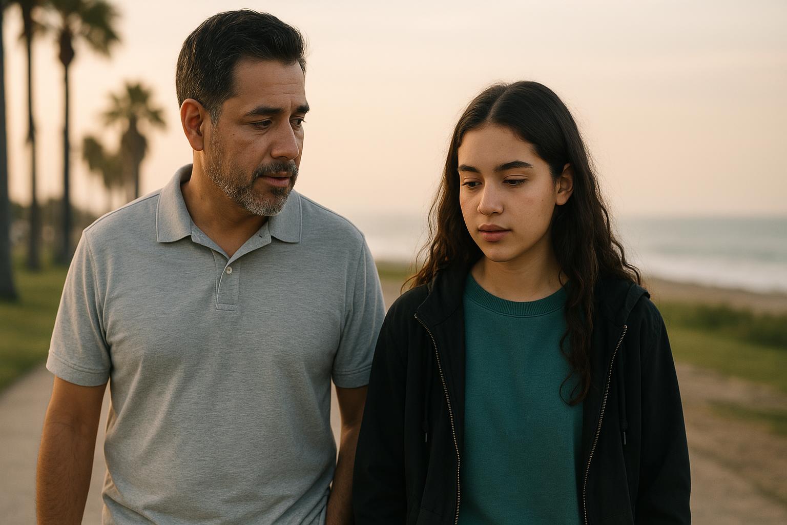 Father and teenager walking calmly together, reflecting on healing from trauma memories