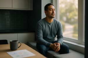 Latino working parent practicing rest without rest guilt in a calm sunlit home