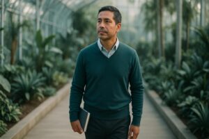A reflective teacher walking in a garden, representing depression and thinking with hope and resilience.
