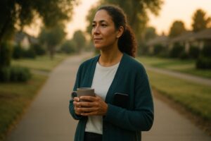 Working parent taking a calm morning pause while recovering from burnout