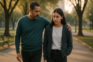 A father and teen reconnecting during a park walk, reflecting hope amid depression and isolation